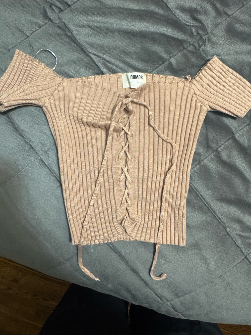 Tan Ribbed Lace-Up Off-Shoulder Sweater